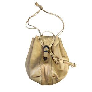 Vintage Tan Leather Drawstring Bucket Bag With Tassel Accents